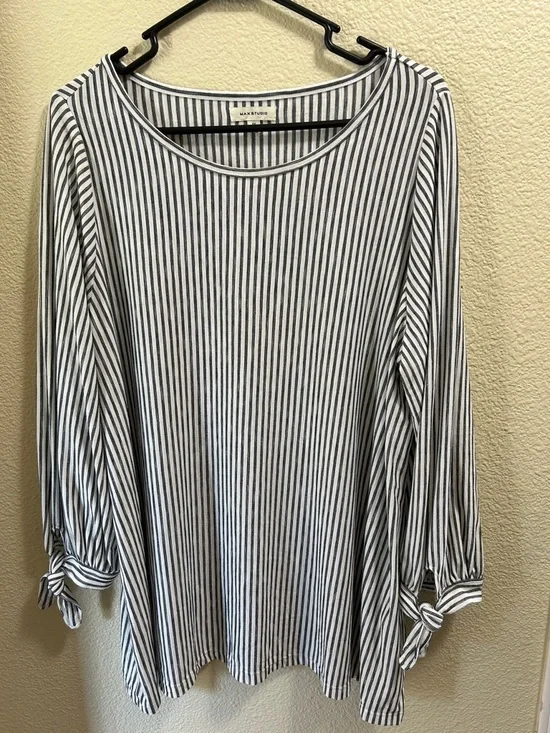 Max Studio White and Navy Vertical-Stripe Tie-Cuff Long Sleeve Top - Picture 1 of 4
